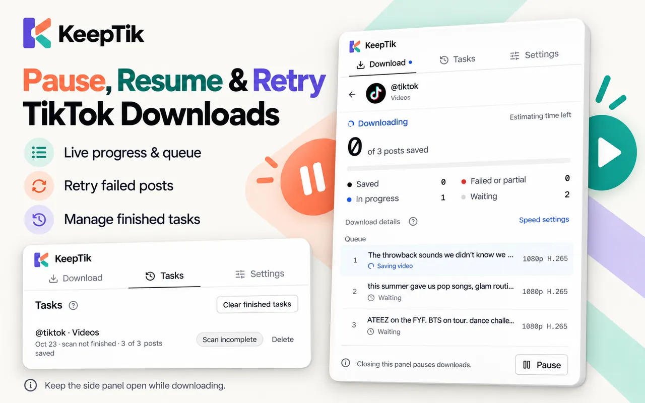 KeepTik download progress with a queue, a pause button and a finished task in the Tasks tab.