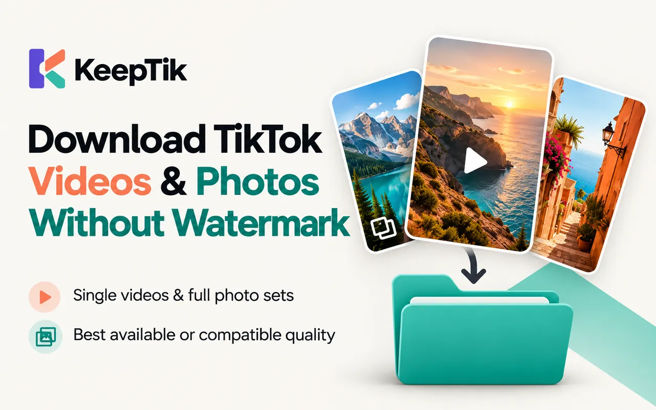 KeepTik promotional image: download TikTok videos and photos without watermark, single videos and full photo sets, best available or compatible quality.
