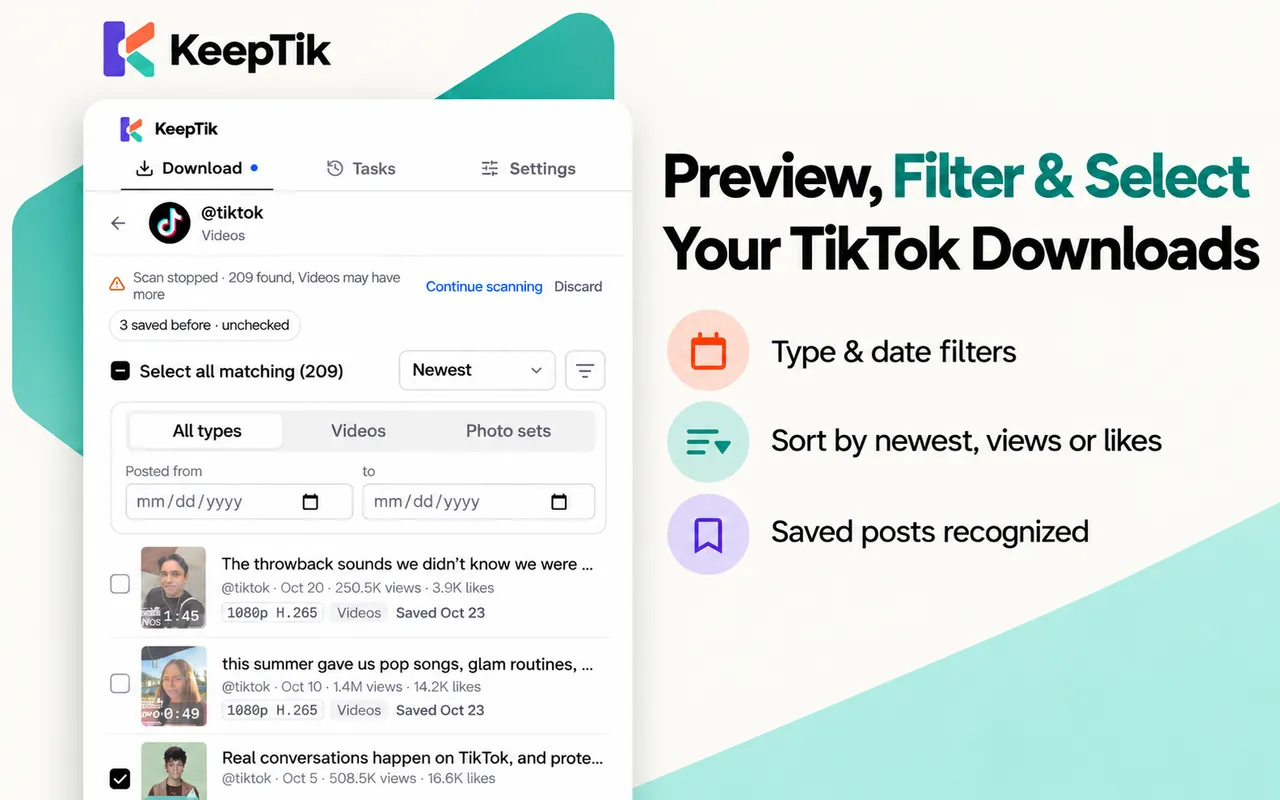 KeepTik post list with type and date filters, sorting by newest, and posts saved before left unchecked.