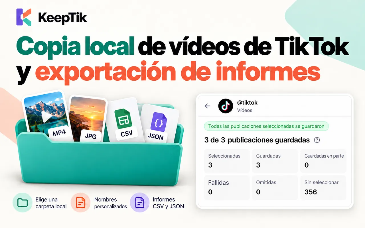 Una carpeta con archivos MP4, JPG, CSV y JSON junto al resumen de KeepTik: 3 de 3 publicaciones guardadas.