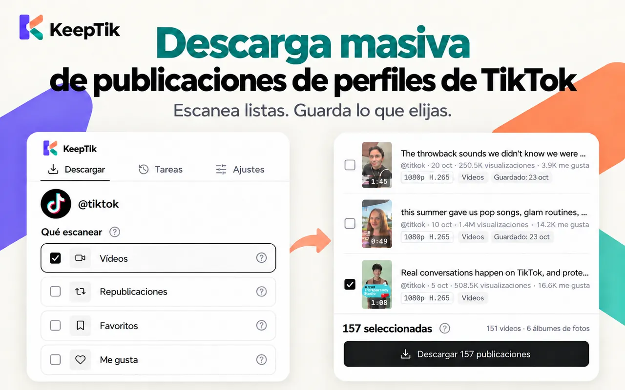 Panel lateral de KeepTik escaneando las listas Vídeos, Republicaciones, Favoritos y Me gusta de un perfil de TikTok, con 157 publicaciones seleccionadas.