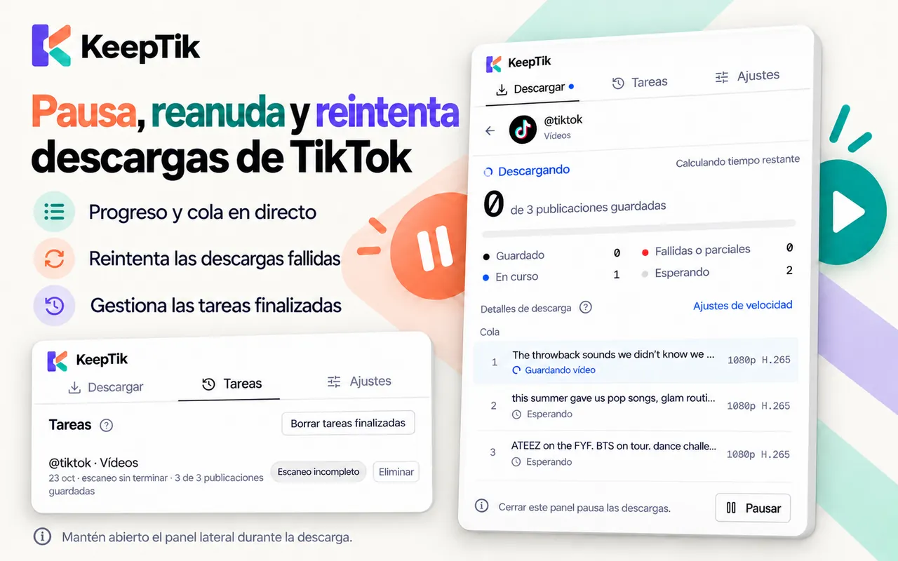 Progreso de descarga de KeepTik con la cola, el botón de pausa y una tarea terminada en la pestaña Tareas.