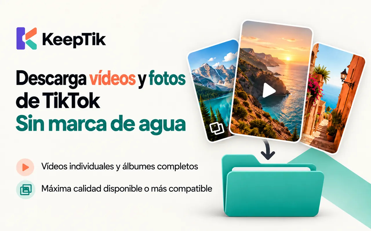 Imagen promocional de KeepTik: descarga videos y fotos de TikTok sin marca de agua, videos individuales y álbumes completos, máxima calidad disponible o más compatible.