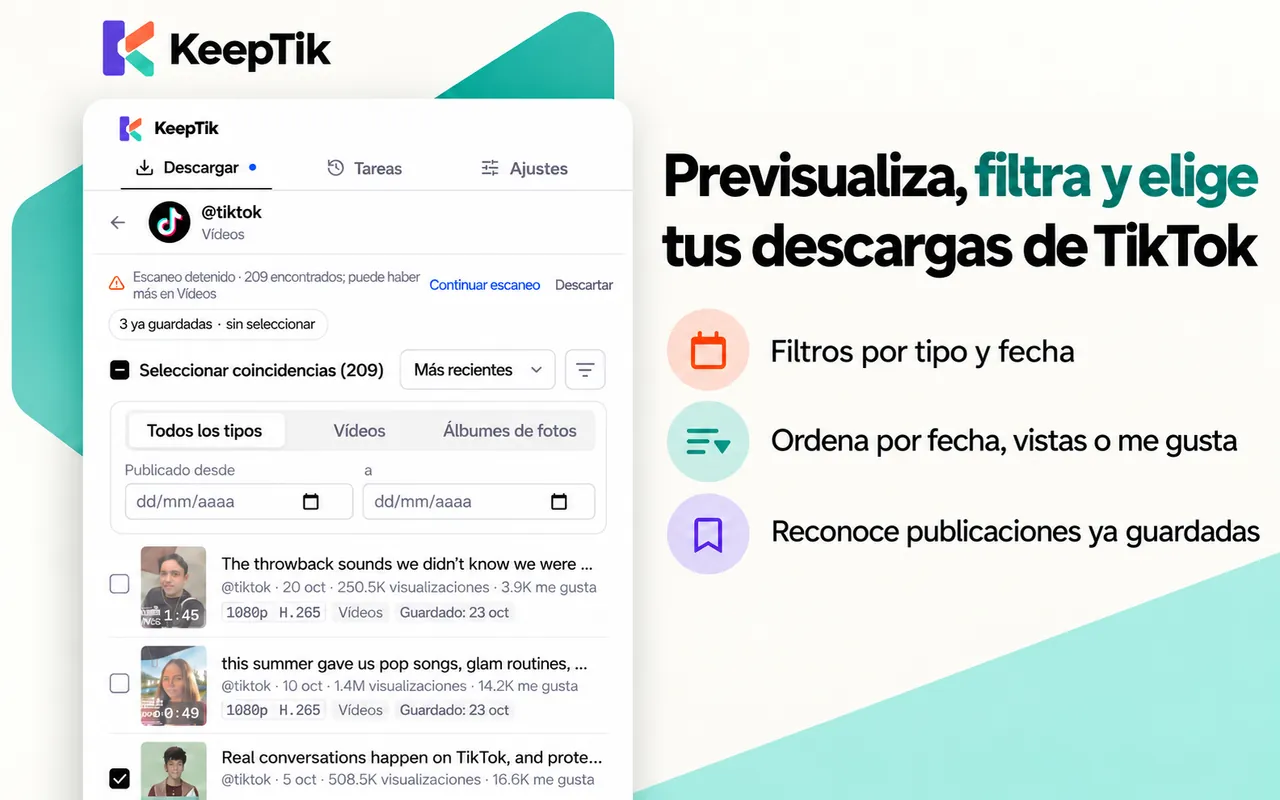 Lista de publicaciones en KeepTik con filtros de tipo y fecha, orden por más recientes y publicaciones ya guardadas sin marcar.