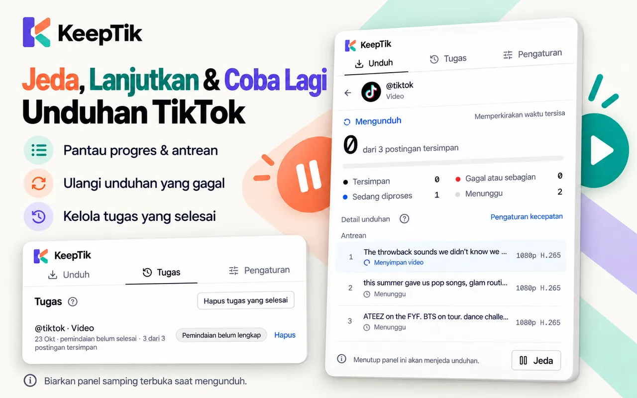 Progres unduhan KeepTik dengan antrean, tombol jeda, dan tugas selesai di tab Tugas.