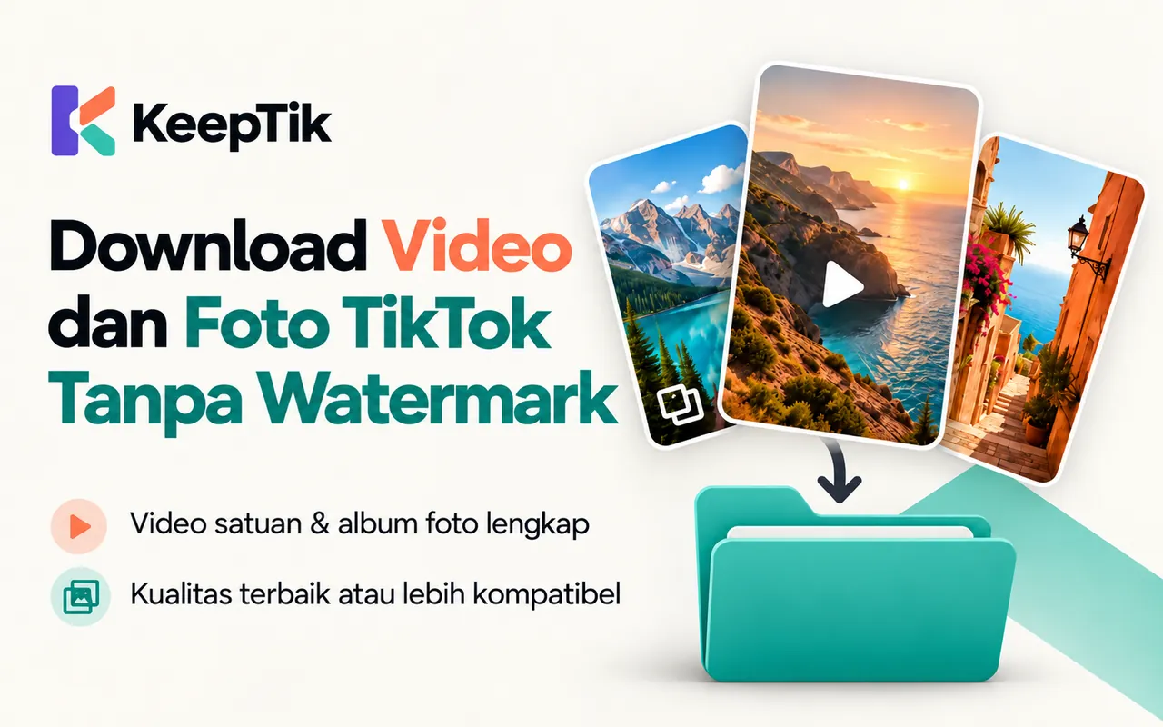 Gambar promosi KeepTik: download video dan foto TikTok tanpa watermark, video satuan dan album foto lengkap, kualitas terbaik atau lebih kompatibel.