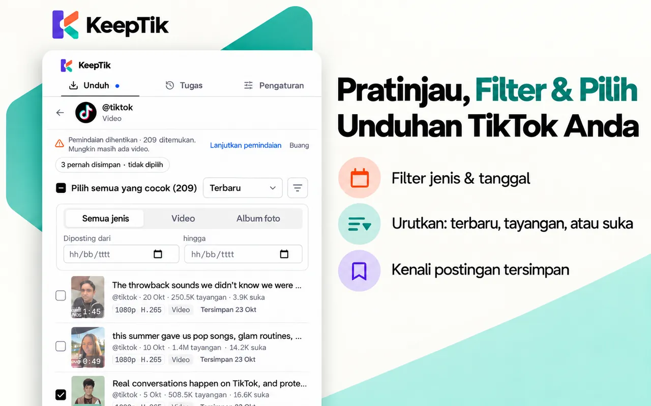 Daftar postingan di KeepTik dengan filter jenis dan tanggal, urutan terbaru, dan postingan yang pernah disimpan tidak dicentang.