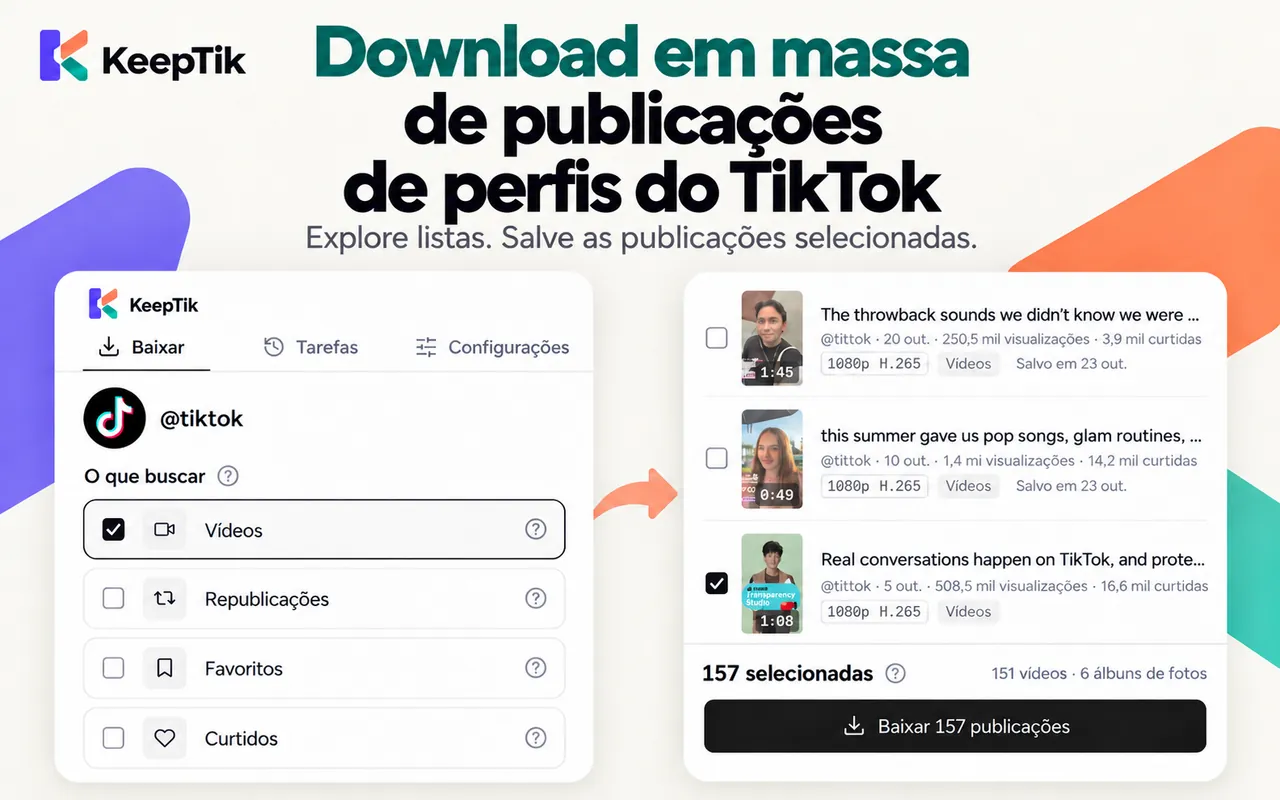 Painel lateral do KeepTik analisando as listas Vídeos, Republicações, Favoritos e Curtidos de um perfil do TikTok, com 157 publicações selecionadas.