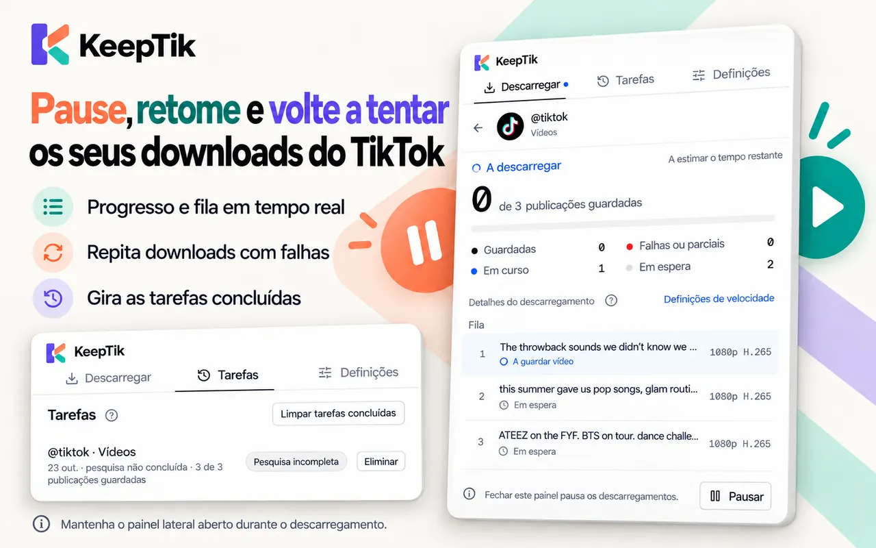 Progresso das transferências do KeepTik com a fila, o botão de pausa e uma tarefa concluída no separador Tarefas.