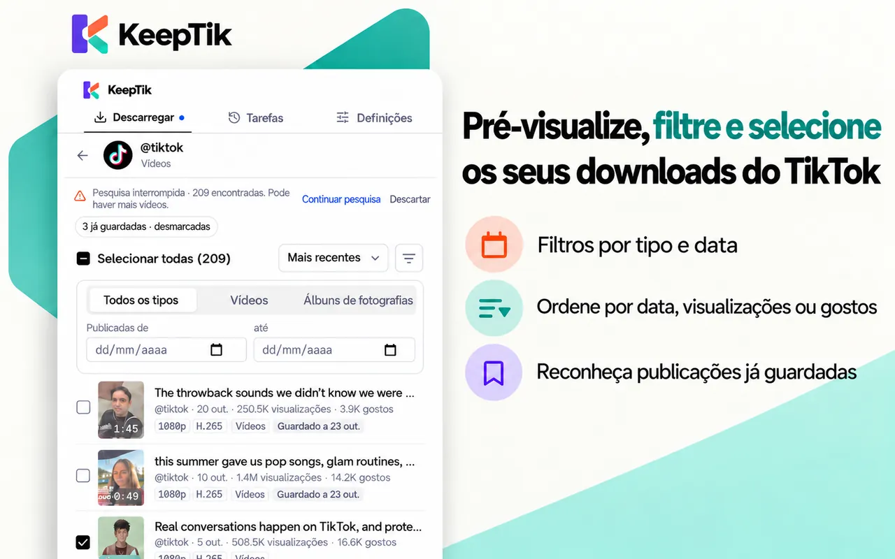 Lista de publicações no KeepTik com filtros de tipo e data, ordenação por mais recentes e publicações já guardadas desmarcadas.