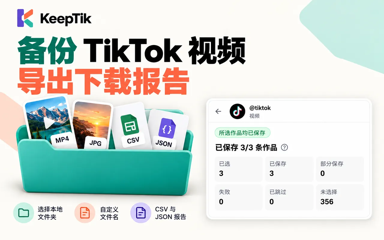 装有 MP4、JPG、CSV 和 JSON 文件的文件夹，旁边是 KeepTik 的结果汇总：3 条作品已全部保存。