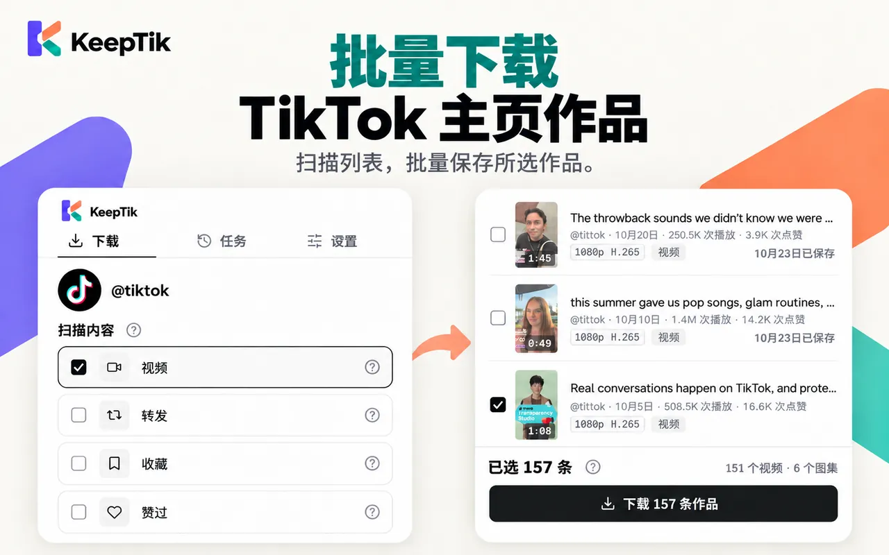 KeepTik 侧边栏正在扫描 TikTok 账号主页的视频、转发、收藏和赞过列表，已选 157 条作品。