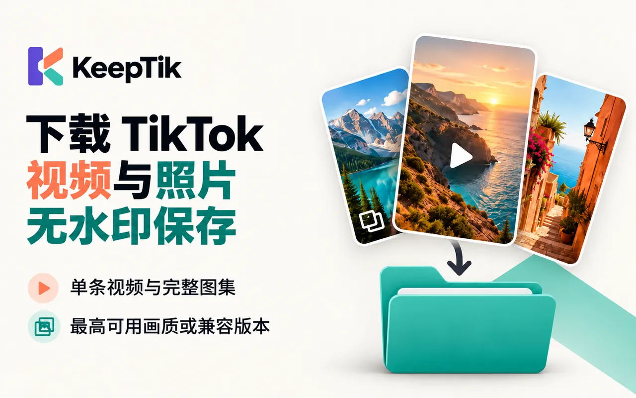 KeepTik 宣传图：无水印下载 TikTok 视频与照片，支持单条视频和完整图集，可选最高可用画质或兼容版本。